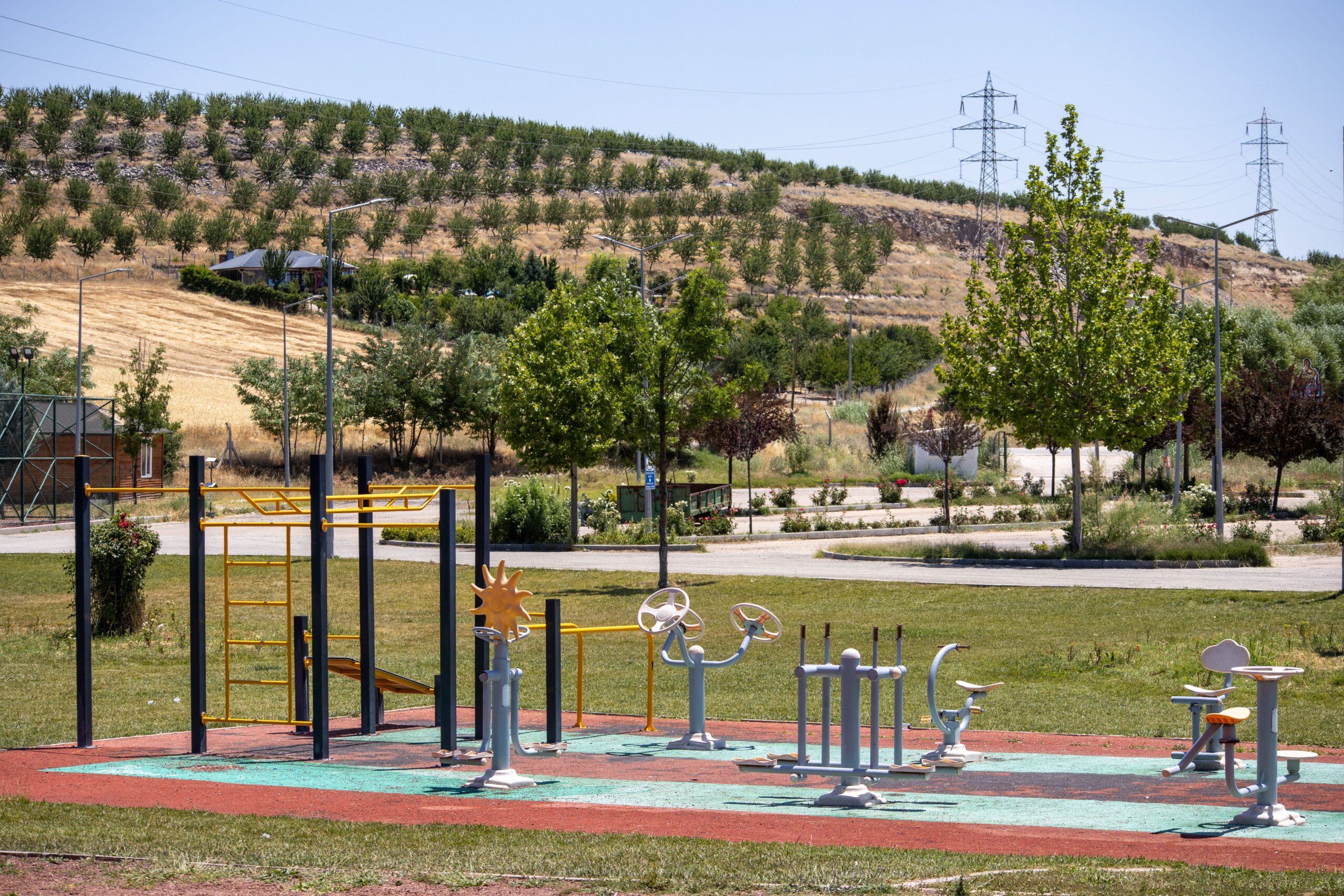 Conjunto de aparelhos de academia ao ar livre instalados sobre piso emborrachado colorido num parque publico, com gramado, arvores jovens e uma via de acesso ao fundo, em dia claro e sem pessoas no quadro